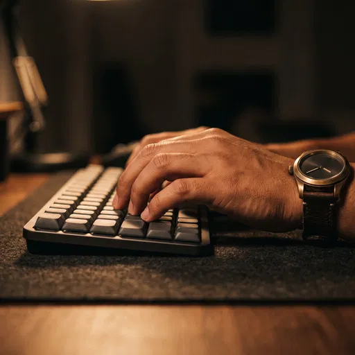 Hands Typing on Minimalist Keyboard at Night