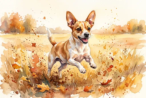 Watercolor Dog Bounding Through Autumn Meadow