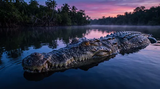 Crocodile Floating in Twilight Lagoon