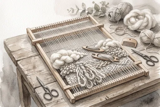 Watercolor Illustration of Wooden Weaving Loom