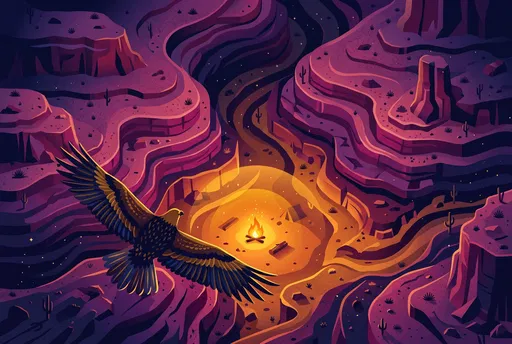 Eagle Soaring Over Night Desert Campfire