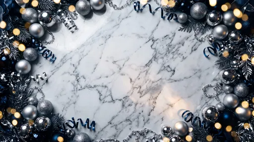 Silver Festive Ornaments Framing Marble Background