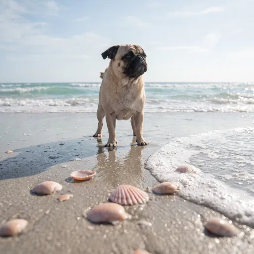 Fawn Pug Standing on Sunny Beach