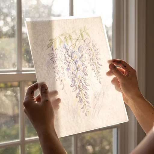 Hands Holding Wisteria Drawing Against Window