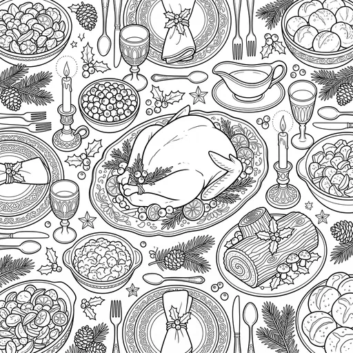 Christmas Feast Table Coloring Page Illustration