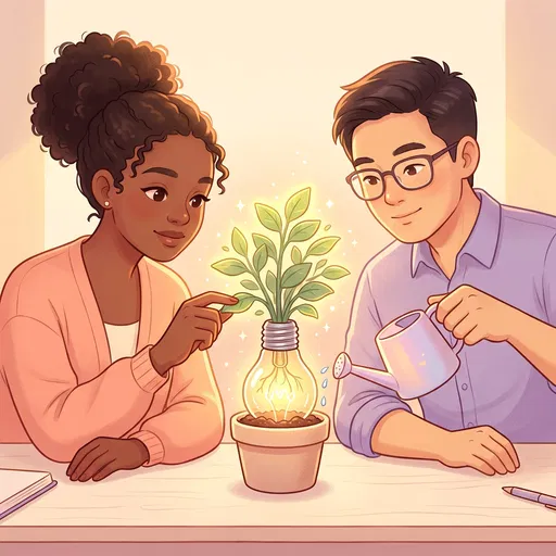 Colleagues Nurturing Glowing Lightbulb Plant