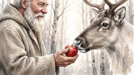 Father Christmas Feeding Apple to Reindeer