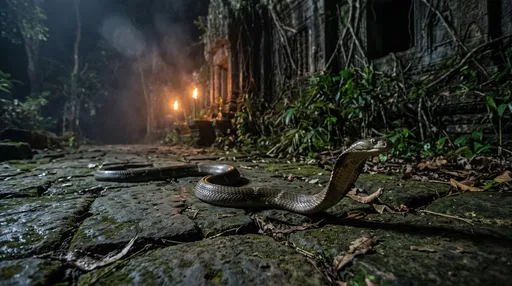 King Cobra Near Jungle Temple at Night