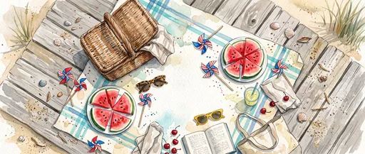 Watercolor Seaside Boardwalk Summer Picnic Illustration