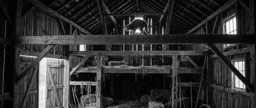 Frightened Cat on Barn Beam in Monochrome