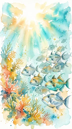 Watercolor Triggerfish School by Coral Reef