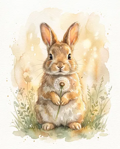 Watercolor Baby Rabbit Holding Dandelion