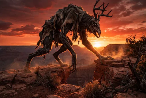 Monster With Antlered Skull On Canyon Cliff