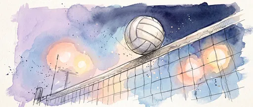 Watercolor and Ink Volleyball Over Net