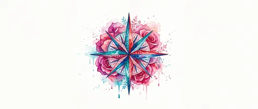Watercolor Compass Rose With Pink Floral Petals