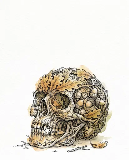 Botanical Oak and Acorn Skull Illustration