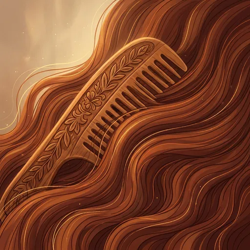Carved Wooden Comb in Wavy Chestnut Hair