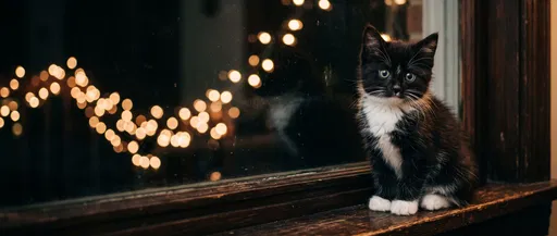 Tuxedo Kitten on Night Windowsill
