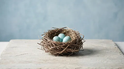 Three Blue Eggs in Woven Twig Nest