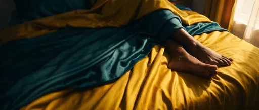 Bare Feet in Teal and Yellow Bedding