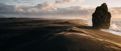 Black Volcanic Dunes and Sea Stack