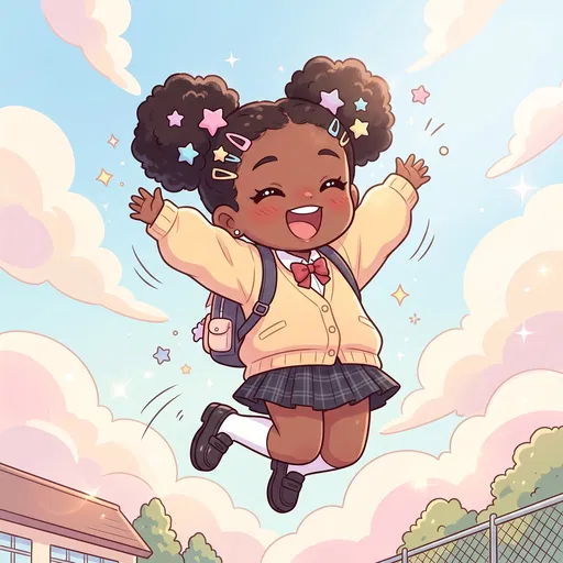 Chibi Black Schoolgirl Jumping in Sky