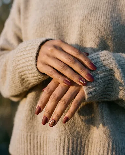 Matte Red Nails With Gold Leaf