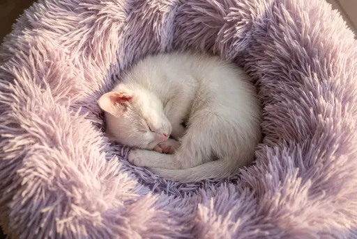 White Kitten Sleeping in Lavender Bed
