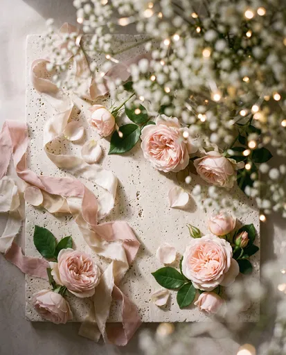 Blush Roses and Ribbon on Travertine Flat Lay