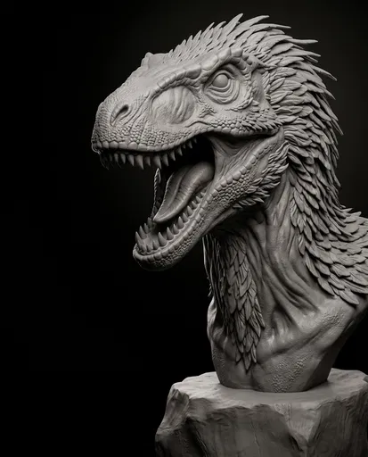 Monochrome 3D Clay Utahraptor Bust Sculpture