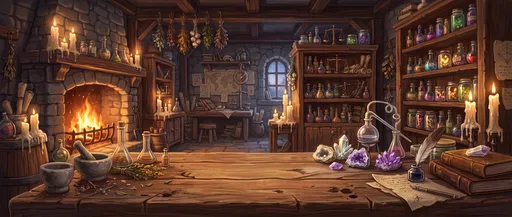 Cozy Alchemist Workshop with Wooden Workbench