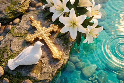 Gold Cross, Dove, and Lilies by Water