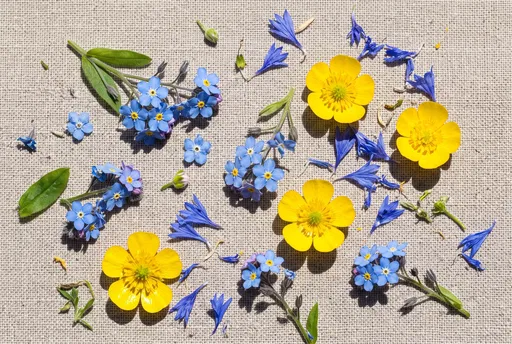 Blue and Yellow Spring Flowers Flat Lay