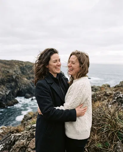 Two Women Embracing on Coastal Cliff