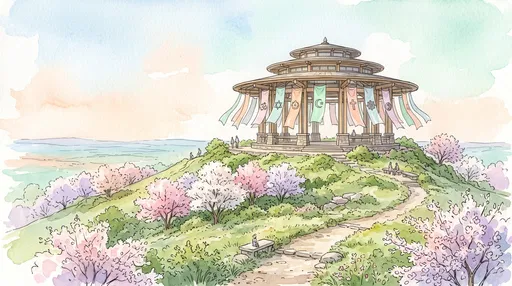 Watercolor Hilltop Interfaith Pavilion With Banners