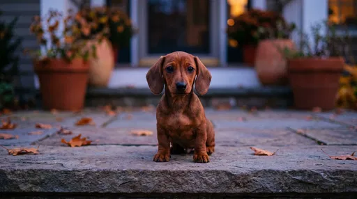 Dachshund Puppy Sitting on Autumn Stone Step