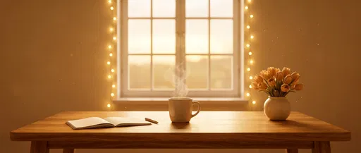 Warm Morning Coffee and Tulips on Table