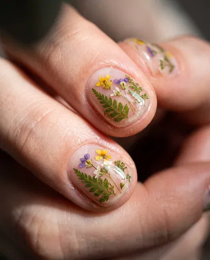Macro Close-Up of Pressed Flower Nail Art