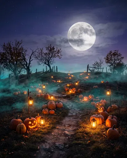 Glowing Pumpkins and Lanterns on Moonlit Path