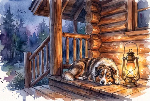 Watercolor Shepherd Dog on Cabin Porch