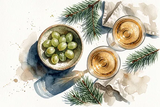 Watercolor New Year Grapes and Champagne