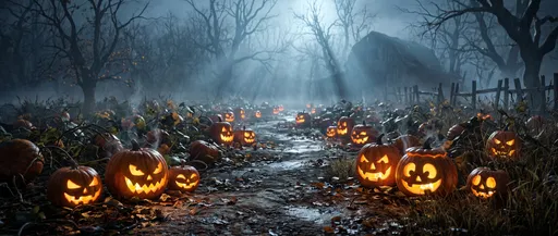 Glowing Jack-o'-Lanterns on Misty Autumn Path