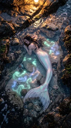 Mermaid Resting in Glowing Tide Pool