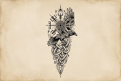 Nordic Raven and Stave Tattoo Illustration