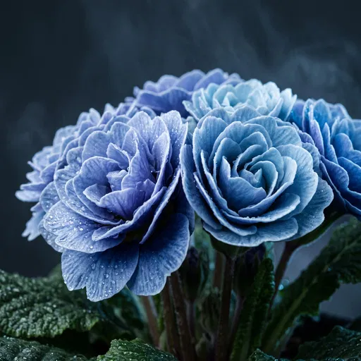 Blue Double Primrose Blossoms Close-Up