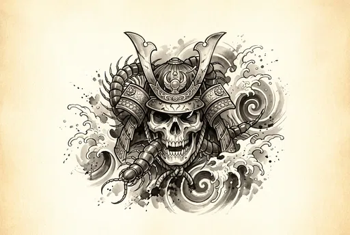 Samurai Skull and Centipede Ink Illustration
