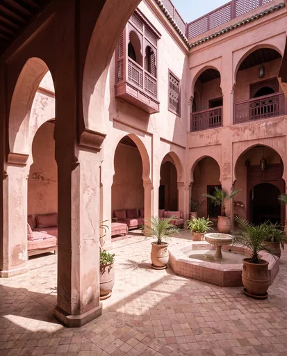 Sunlit Pink Moroccan Riad Courtyard