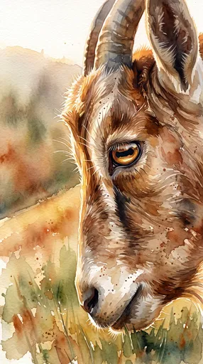 Watercolor Close-Up of Grazing Goat
