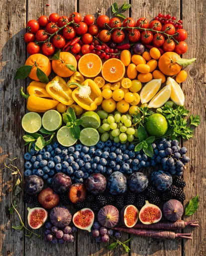 Rainbow Arrangement of Fresh Fruits and Vegetables
