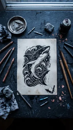 Woodblock Shark Print on Artist Workbench